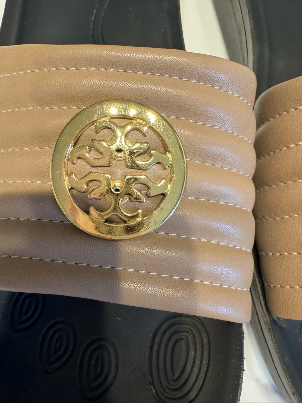 Aerothotic Tan Slide Sandals with Gold Emblem NWOT